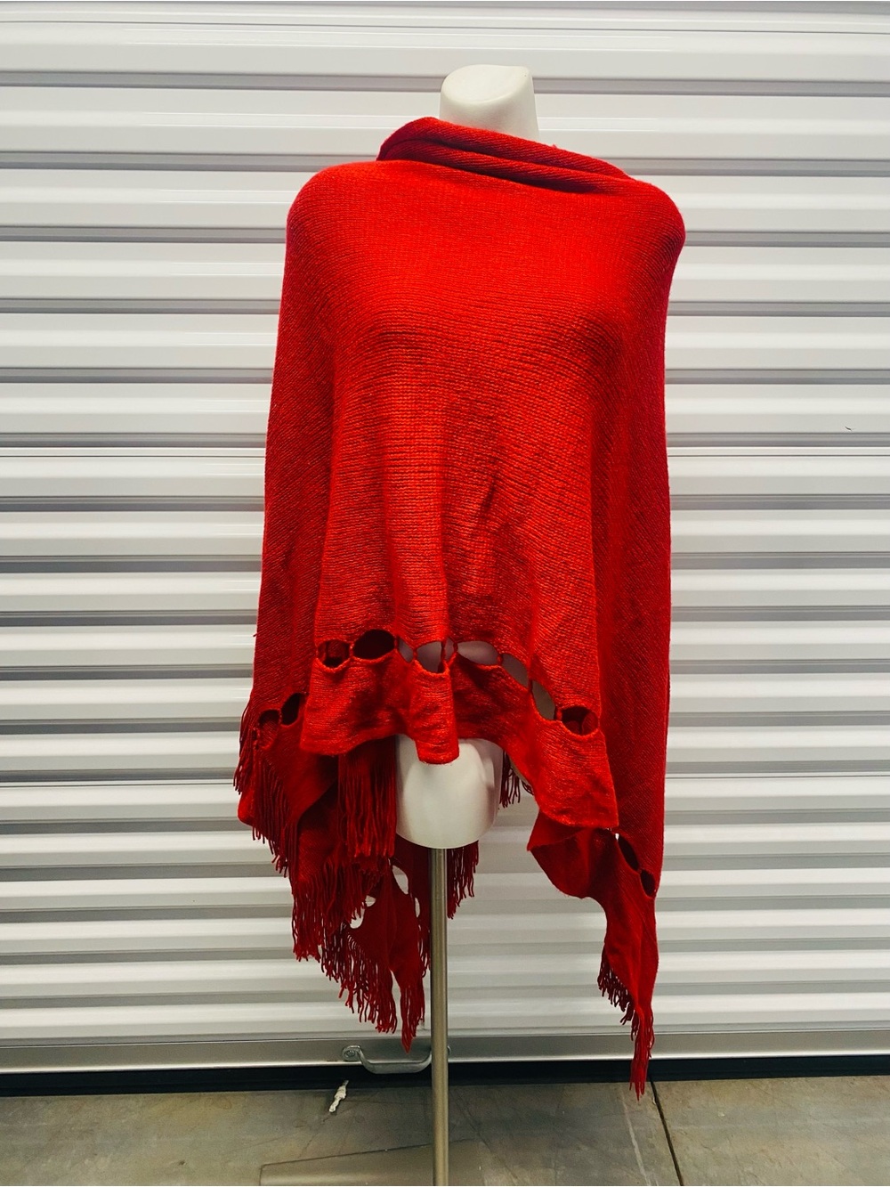 Red Women's Fringe Poncho Sweater